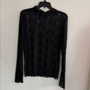 Anthropologie Black Sheer Lace Long-Sleeve Mock Neck Top
